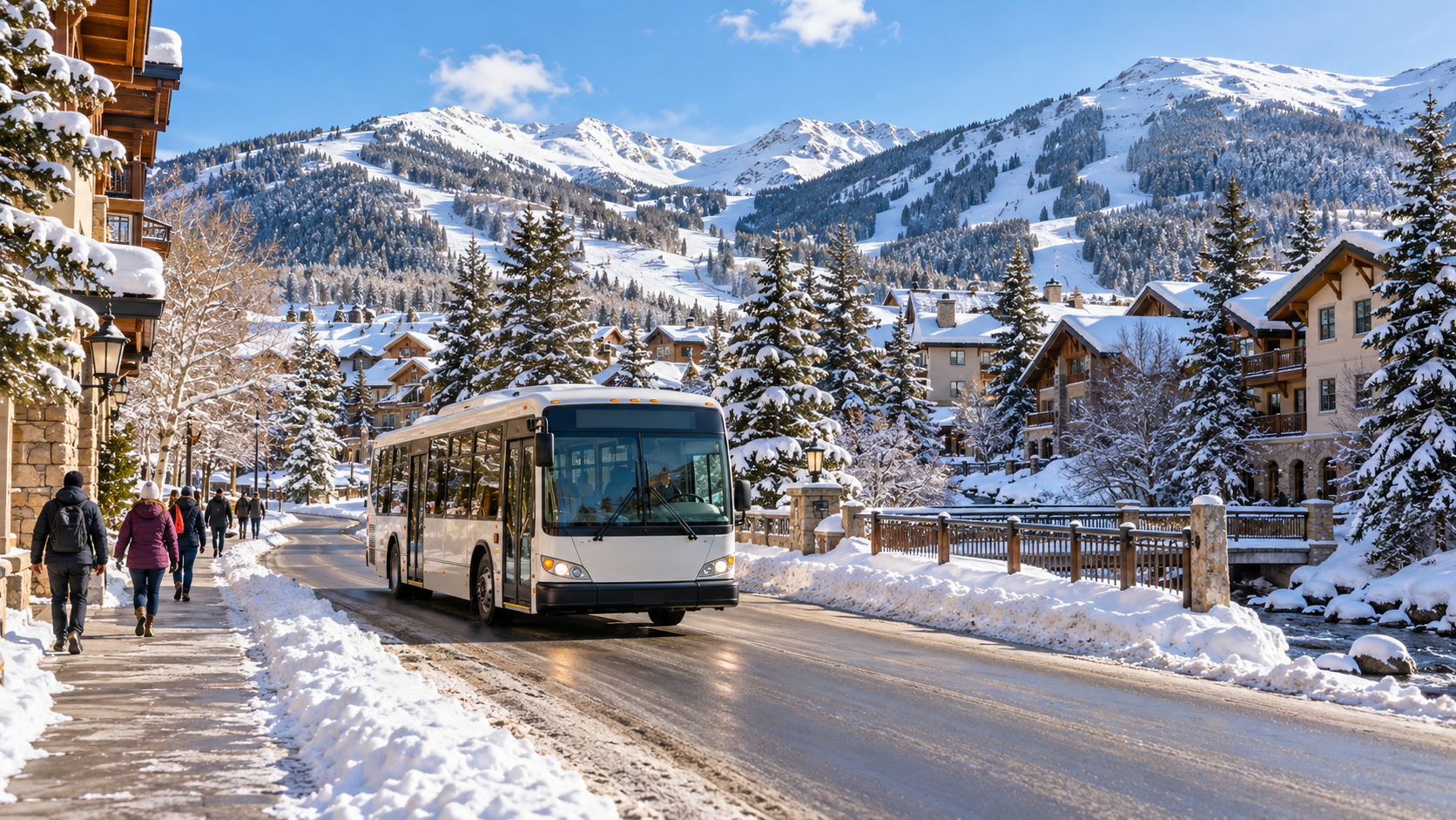 Illustration of a bus traveling through a snowy Vail Valley village with mountains in the background