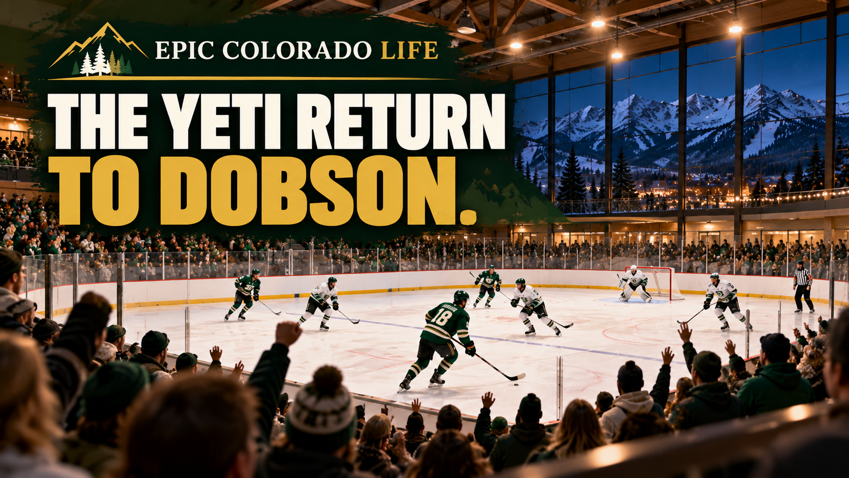 Illustration of hockey players in a mountain-town ice arena with spectators watching.