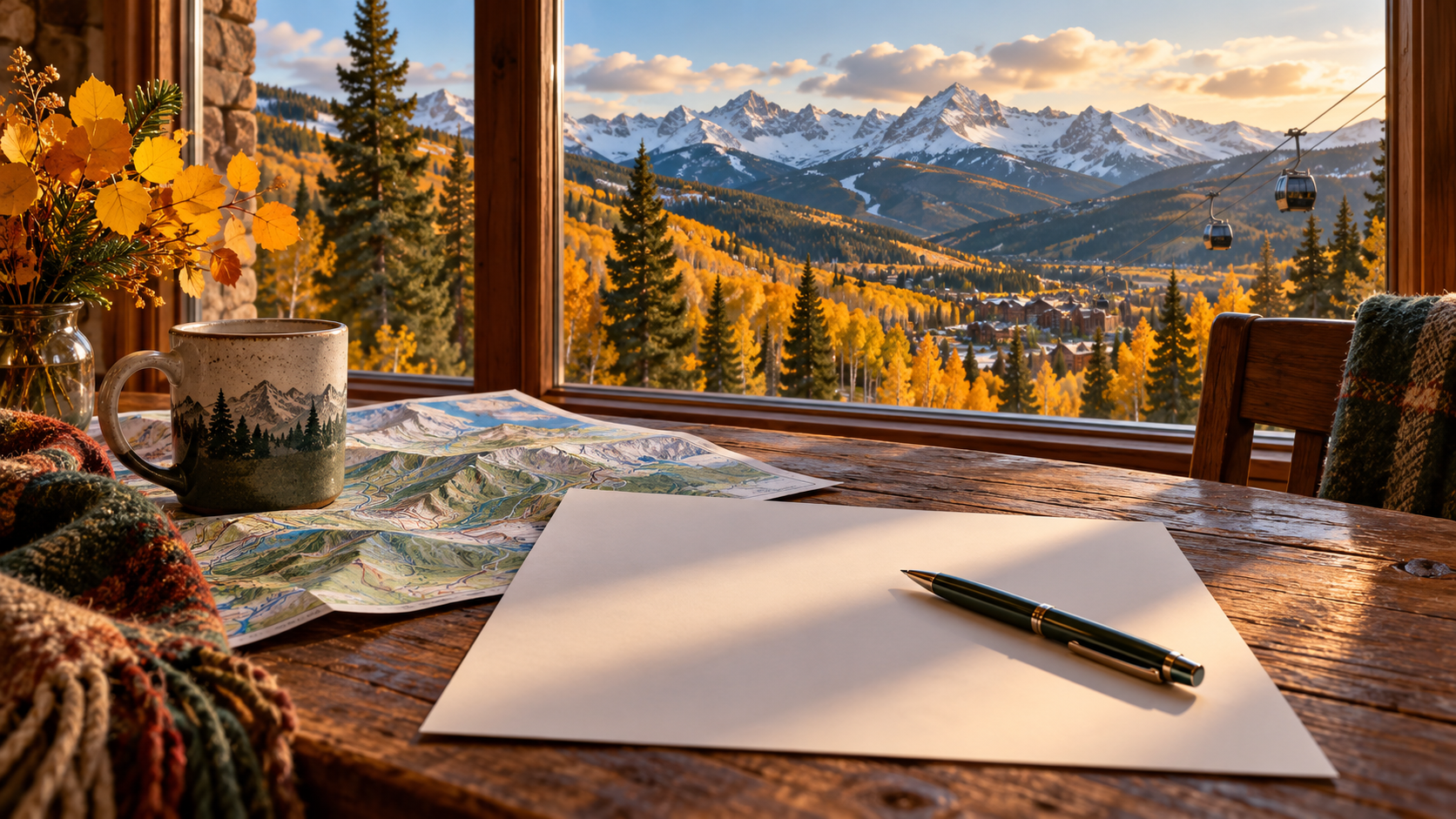 AI illustration of a ballot, map and mug overlooking autumn aspens and snowy Vail Valley mountains